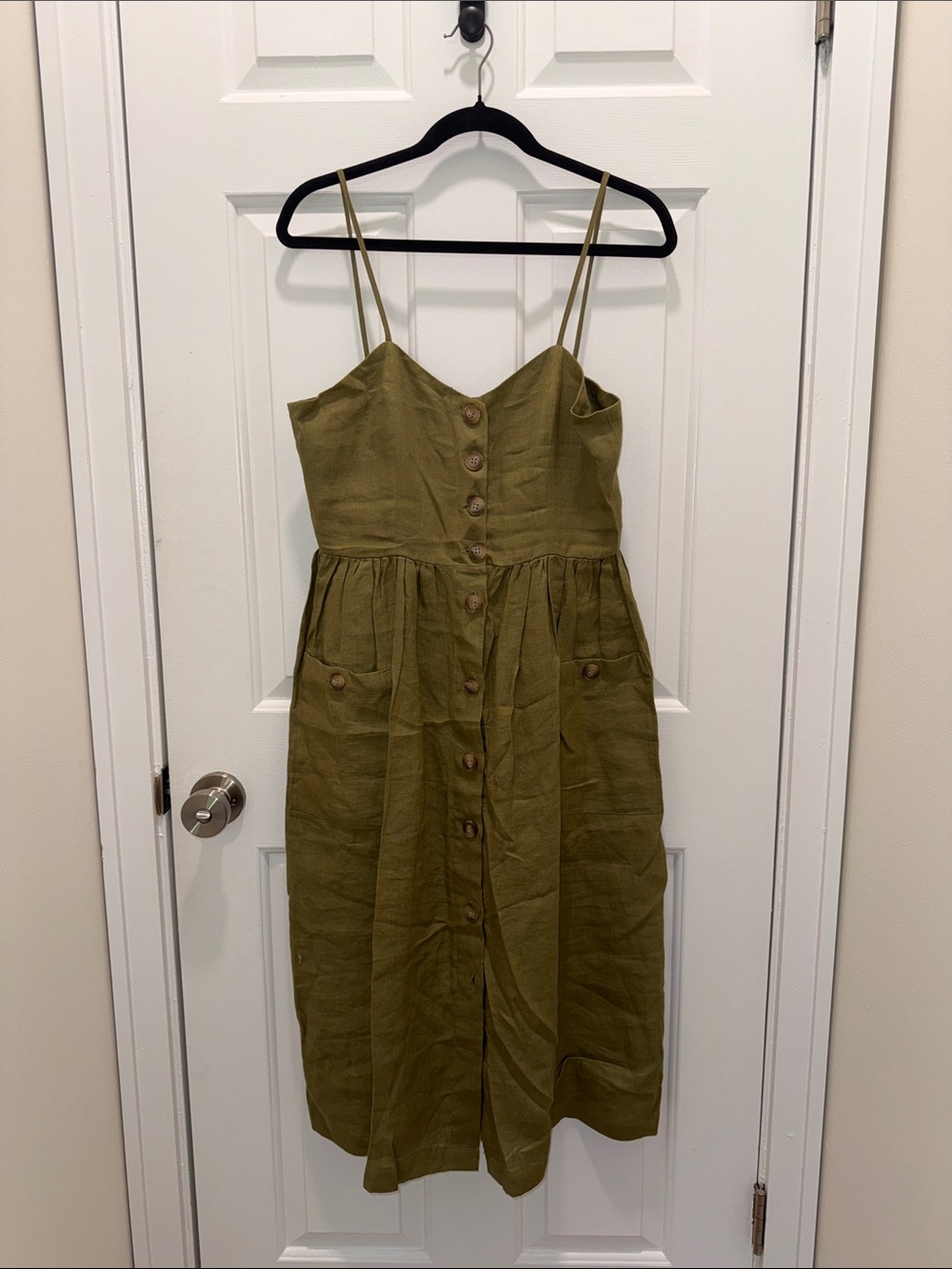 Mango Olive Green light linen Button-Front Midi Dress with Spaghetti Straps